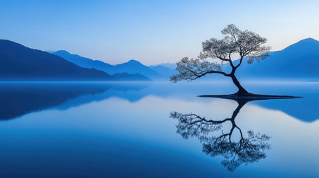 A tranquil landscape featuring a solitary tree reflecting in calm water. The serene blue tones create a peaceful atmosphere perfect for nature lovers.の素材