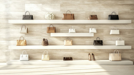 A stylish display of various handbags arranged on modern shelves, showcasing an elegant collection. The minimalist design enhances the visual appeal, perfect for fashion retail settings.の素材