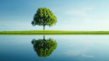 A beautiful lone tree stands by calm water, creating a stunning reflection. This image captures the essence of tranquility in nature, perfect for serene landscapes.の素材