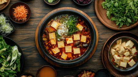A vibrant bowl of spicy tofu stew surrounded by fresh vegetables and herbs. Perfect for a hearty meal, this dish showcases flavorful ingredients and rich spices.の素材