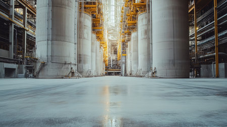 An expansive view of a modern industrial warehouse featuring large silos and a polished concrete floor. The bright light enhances the architectural elements and spaciousness.の素材