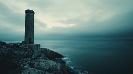 A tranquil seascape featuring a lighthouse on rocky shores, captured at dawn. The moody atmosphere and overcast sky enhance the sense of solitude and beauty.の素材