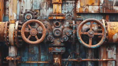 Close-up view of aged industrial pipes and valves revealing intricate details of rust and weathered surfaces, showcasing the beauty of machinery in decay.の素材