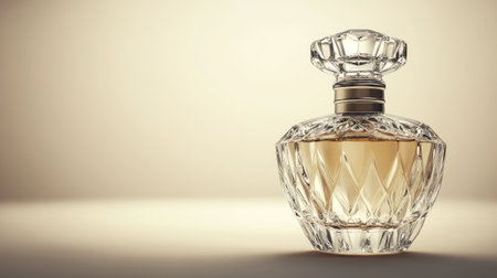 A beautifully crafted glass perfume bottle showcasing elegance and luxury. The soft background enhances its delicate design, perfect for fashion and beauty themes.の素材