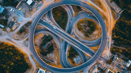 This aerial image captures a complex highway interchange, showcasing a unique circular design surrounded by lush greenery, demonstrating modern transportation infrastructure.の素材
