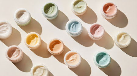 A visually appealing arrangement of colorful creams in small jars, showcasing various pastel shades and textures. Perfect for beauty and wellness themes.の素材