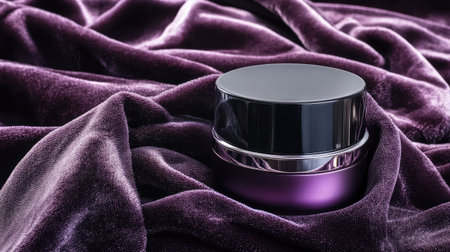 A luxurious skincare cream jar resting on soft purple fabric, creating an elegant and sophisticated look. Perfect for beauty and cosmetic promotions.の素材