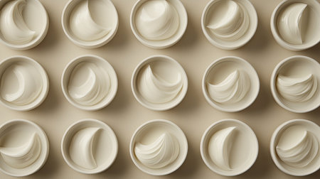 A serene display of elegant white bowls arranged in a stylish pattern. The minimalist design highlights the beauty of simplicity and texture in kitchenware.の素材