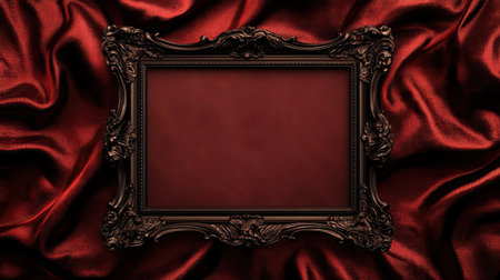 An elegant ornate frame resting on a luxurious red satin background, perfect for showcasing artwork or photographs in a vintage style setting.の素材