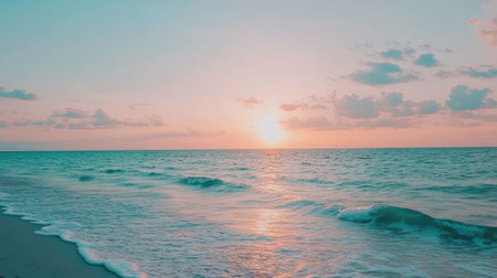 A tranquil sunset illuminates the ocean with soft hues, creating a serene atmosphere. Gentle waves lap at the shore, inviting relaxation and reflection.の素材