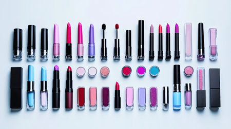 Explore an array of colorful lipsticks and nail polishes, showcasing a vibrant collection perfect for any beauty enthusiast or cosmetic lover.の素材