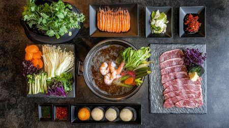 A vibrant arrangement of fresh ingredients for an Asian hot pot, featuring shrimp, vegetables, and meat, ready for a delightful culinary experience.の素材