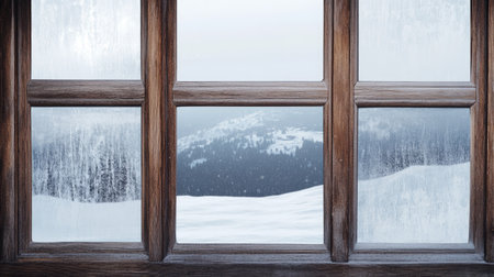 A frosted window reveals a tranquil winter landscape with snow-covered mountains. The icy glass creates a cozy and serene atmosphere, perfect for winter scenes.の素材
