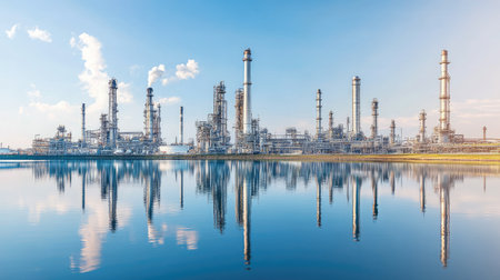 A vast industrial complex rises against a clear blue sky with water reflections. This image showcases modern infrastructure and energy production facilities in a serene landscape.の素材