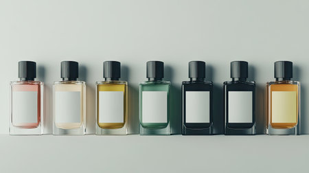A visually appealing arrangement of perfume bottles in various colors and designs, perfect for showcasing elegance and beauty in any setting.の素材