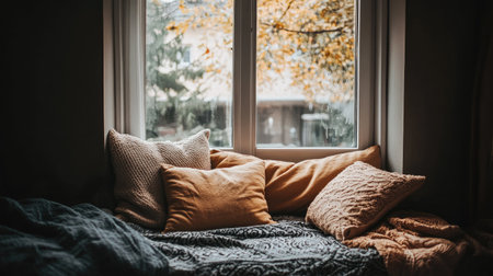A cozy window seat adorned with soft pillows invites relaxation, surrounded by the serene beauty of autumn leaves outside, creating a warm atmosphere.の素材