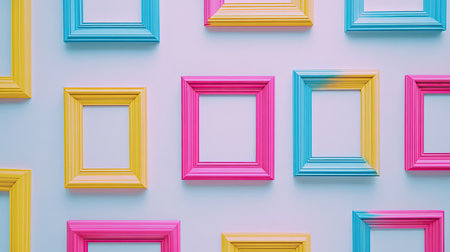 This image features an array of colorful frames on a wall, perfect for creative displays and artistic presentations. Ideal for decorating spaces with a vibrant touch.の素材