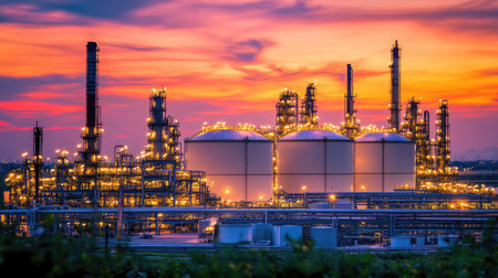 A stunning view of an illuminated industrial complex during sunset, showcasing the intricate architecture and vibrant lights against a colorful sky.の素材