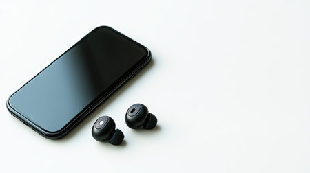 A modern smartphone paired with wireless earbuds lies on a sleek surface, showcasing a stylish and minimalistic design perfect for tech enthusiasts.の素材