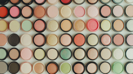 A vibrant array of cosmetic powder containers showcases a rich variety of colors and textures, perfect for beauty-themed projects and marketing.の素材