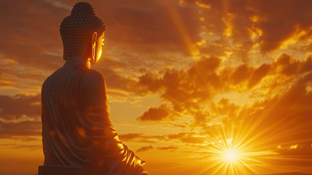 A tranquil Buddha sculpture bathed in the warm glow of sunset, symbolizing peace and spirituality against a beautifully lit sky. Ideal for conveying serenity.の素材