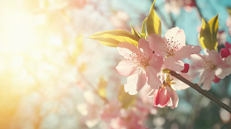 A stunning close-up of delicate cherry blossoms lit by soft sunlight, capturing the beauty of spring in a tranquil garden setting. Perfect for nature themes.の素材