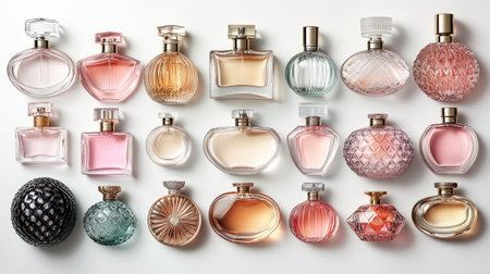 A captivating collection of assorted perfume bottles showcasing various shapes and colors on a clean white background, ideal for beauty and fragrance themes.の素材