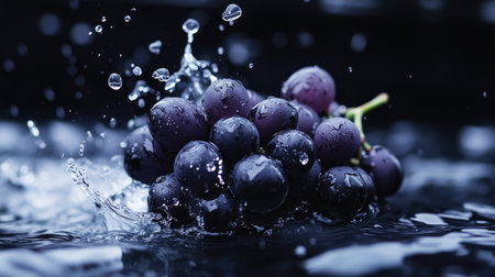 A captivating image of fresh grapes splashing in clear water, showcasing vibrant colors and healthy appeal. Perfect for food and lifestyle themes.の素材