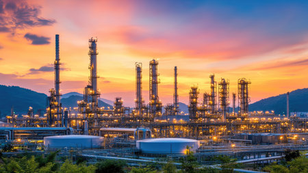 Captivating industrial landscape featuring a refinery illuminated by sunset. The scene showcases numerous structures against a vibrant sky, highlighting energy production.の素材