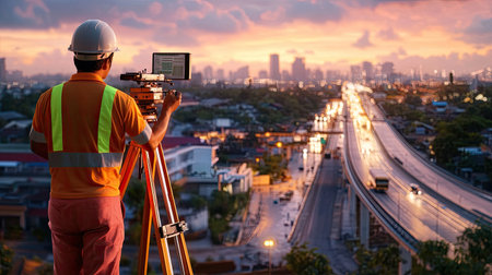A surveyor stands on a hillside overlooking a bustling urban landscape at sunset, equipped with surveying tools, highlighting the integration of technology in construction projects.の素材