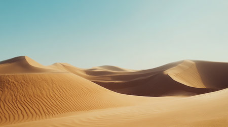 A stunning view of soft, golden sand dunes under a clear blue sky, creating a serene and tranquil atmosphere in the vast desert landscape. Perfect for nature and travel themes.の素材