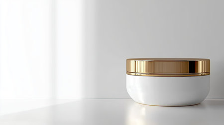 An elegant white jar with a gold lid sits on a minimal surface, perfect for showcasing beauty products. Ideal for skincare and cosmetic branding.の素材