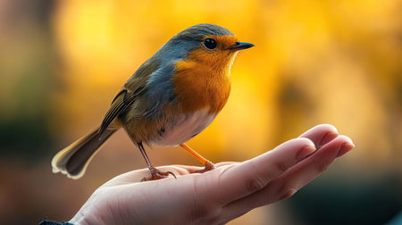 A vibrant bird perches on a hand, showcasing a serene moment in nature. The warm colors of the background enhance the peaceful interaction between human and wildlife.の素材
