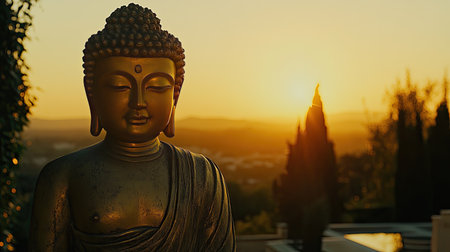 A tranquil bronze Buddha statue captured at sunset, radiating serenity and peace. The soft golden light enhances the spiritual atmosphere of the scene.の素材