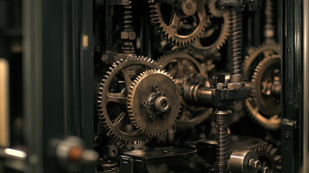 Close-up of intricate gears and cogs in a vintage mechanical machine, showcasing the beauty of engineering and craftsmanship through detailed metalwork.の素材