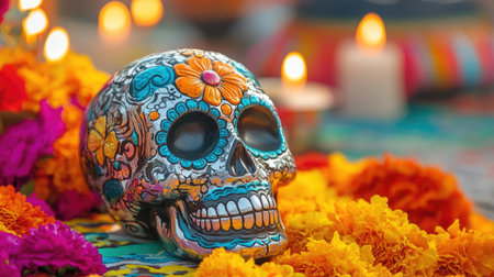 A beautifully decorated sugar skull surrounded by vibrant flowers and soft candlelight, capturing the essence of celebration and traditional festivities.の素材