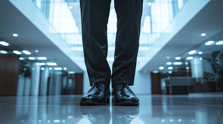 A man in a formal suit stands confidently in a modern office space, showcasing professionalism and elegance. The light reflections on the floor add depth.の素材