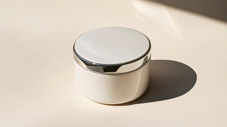 A simple white cream jar featuring a sleek silver lid, perfect for storing skincare products. The jar sits elegantly against a soft background, creating a minimalist aesthetic.の素材