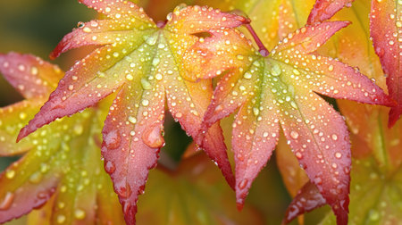 Close-up of vibrant maple leaves displaying a beautiful mix of autumn colors, adorned with raindrops, showcasing nature's detail and freshness.の素材