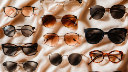 A captivating collection of stylish sunglasses displayed neatly on a fabric background. Featuring various shapes and colors ideal for summer fashion and protection.の素材