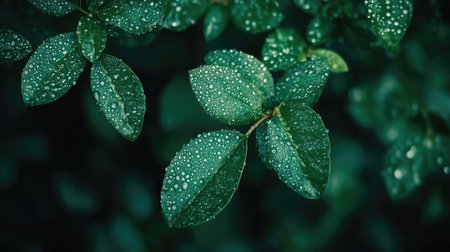 Closeup of vibrant green leaves covered with water droplets, capturing the beauty of nature after rain. A serene and refreshing image ideal for eco-themed projects.の素材