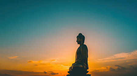A serene Buddha silhouette set against a vibrant sunset sky, evoking tranquility and reflection. Perfect for themes of spirituality, nature, and peaceful landscapes.の素材