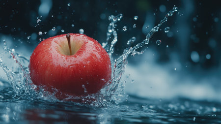 A vibrant red apple making a splash in clear water, showcasing freshness and vitality. This image captures the essence of healthy eating and nature's beauty.の素材