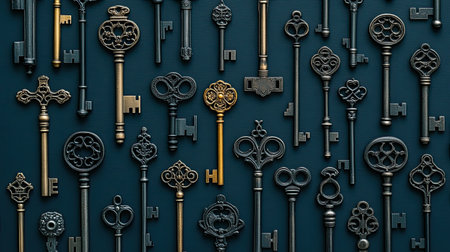 A stunning collection of vintage keys displayed on a dark background. This image captures the intricate details and uniqueness of each key, evoking a sense of history and mystery. Perfect for design projects or artistic inspirations.の素材