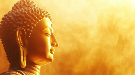 A serene Buddha statue illuminated by golden light, creating a tranquil atmosphere perfect for evoking spirituality and meditation.の素材