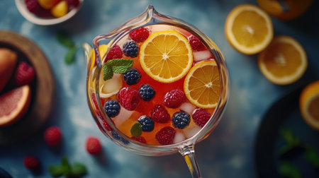 A vibrant fruit punch featuring slices of orange, lemon, and fresh raspberries. Perfect for summer gatherings or refreshing moments. Enjoy chilled!の素材