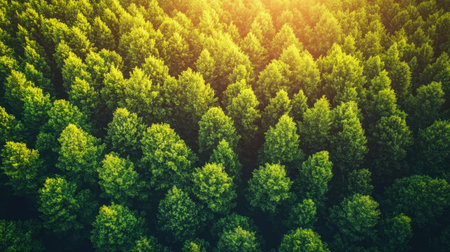Aerial view of a lush green forest canopy basking in warm sunlight. This vibrant landscape showcases the beauty of untouched nature, perfect for themes of ecology and serenity.の素材