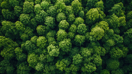 An aerial view of a dense, vibrant forest canopy showcasing various shades of green leaves. This image captures the beauty and serenity of nature.の素材