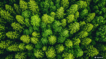 A stunning aerial view capturing the dense green canopy of a forest, showcasing the vibrant hues of nature and the intricate patterns formed by the trees.の素材