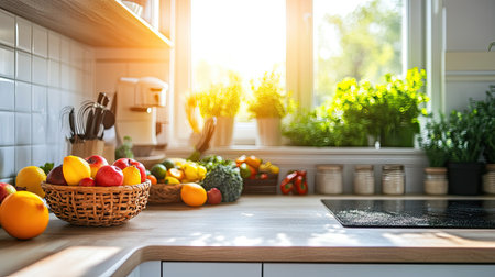 A bright kitchen scene featuring vibrant fruits and vegetables bathed in warm sunlight. Perfect for themes of health, cooking, and fresh ingredients.の素材